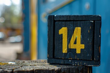 A wooden block with the number 14 on it