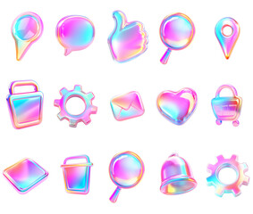 Collection of holographic 3D icons in vibrant pastel colors, featuring hearts, gears, magnifying glasses, and other symbols with a glossy, futuristic design