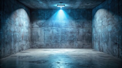 Obraz premium A solitary spotlight illuminates the center of a concrete room, casting a dramatic blue hue on the walls and floor.