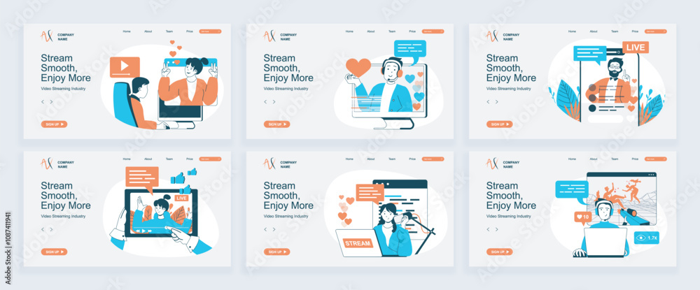Aufkleber Video streaming concept of landing page with slide templates set in flat design. Website headers with people watching blogger live translation or video, record content in blogs. Vector illustrations.