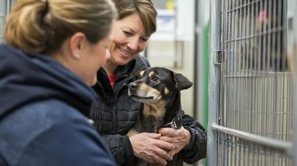 Animal shelter staff assisting an adopter with choosing a pet, showing a welcoming and friendly atmosphere