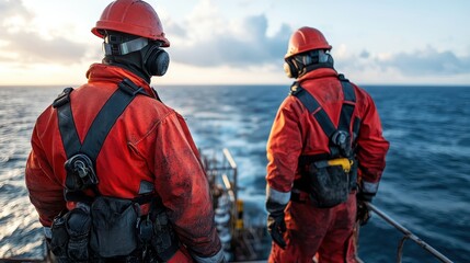 Two professionals in red safety suits stand on an offshore oil rig platform, exemplifying teamwork and efficiency amid a vast ocean backdrop, ready for operations.