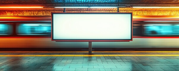 A vibrant, illuminated billboard stands in a subway station, surrounded by dynamic motion blurs of passing trains, creating an energetic urban atmosphere.
