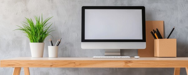A modern workspace featuring a sleek computer, minimal decor, and green plants, designed for productivity and creativity.