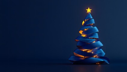 Blue Christmas Tree Design with Ribbon on Blue Background.