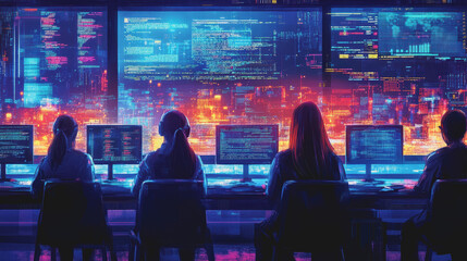 Female Software Engineer Presenting Complex Code in a High-Tech Workspace with Multiple Screens Displaying Data Analysis and Programming Interfaces at Night