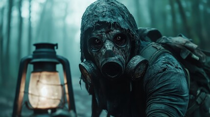 A shadowy figure in a tattered, hooded cloak wearing a gas mask lurks in a dense, foggy forest, holding a lantern that illuminates the eerie scene.