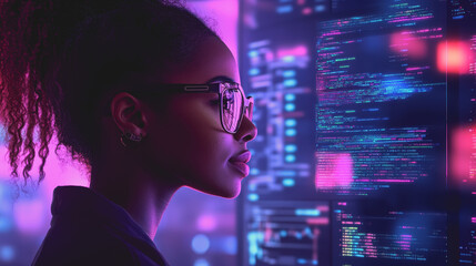 A Female Software Engineer Analyzing Complex Code While Presenting Insights in a High-Tech Environment with Colorful Visualizations and a Focused Expression