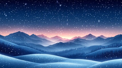 Serene winter landscape with falling snow and mountain backdrop at dusk