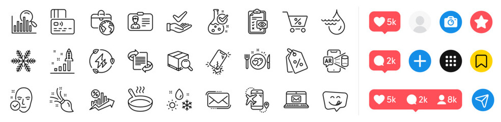 Development plan, E-mail and Frying pan line icons pack. Social media icons. Dermatologically tested, Messenger mail, Eye checklist web icon. Vector