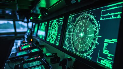 Modern Ship Navigation System Displays Green Radar Screens