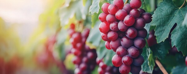 Fresh, ripe grapes glisten in the sunlight, showcasing their vibrant color and juicy texture against lush green leaves.
