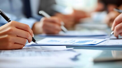 Close up view of hands writing on documents and forms on a desk