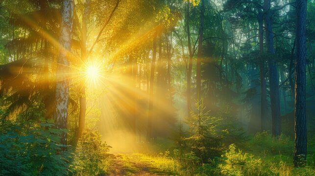 Radiant sunburst through dense, misty forest canopy at sunrise