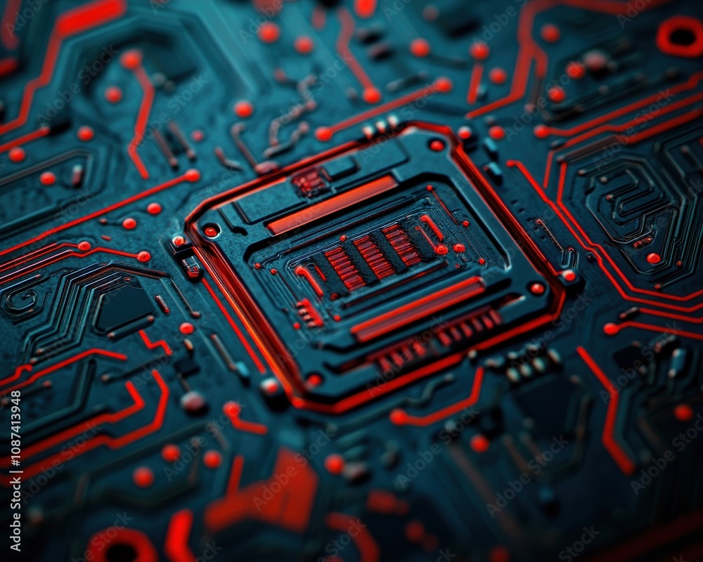 Aufkleber Close-up of a circuit board with intricate designs and glowing red accents.