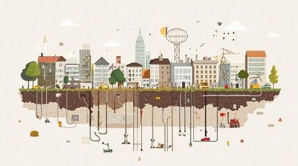 Cross section view of a modern city with an intricate network of geothermal heating pipes running underground providing sustainable warmth to the buildings and infrastructure above