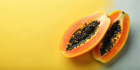 Two halves of a ripe papaya on a yellow and grey background, revealing the sweet orange flesh and black seeds.