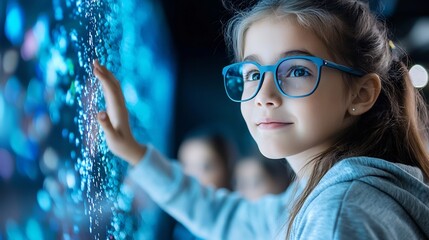 Curious young girl with glasses standing in front of a colorful abstract digital wall