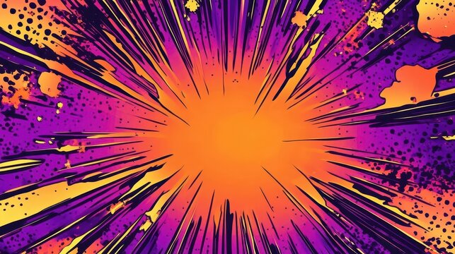 Energetic neon comic background with purple and orange bursts, no text