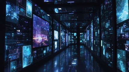 Obraz premium Cutting edge futuristic warehouse with blockchain based inventory management system displayed on interactive digital screens Showcasing the power of data analytics automation