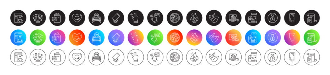 Hot loan, Food order and Change money line icons. Round icon gradient buttons. Pack of Qr code, Fireworks stars, Bid offer icon. Touchscreen gesture, Coffee maker, Online shopping pictogram. Vector