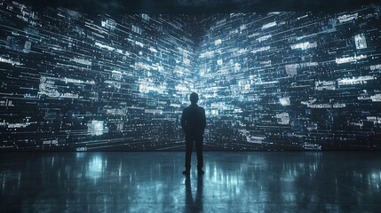 Cybersecurity professional analyzing and monitoring digital identity data and security intelligence on a large futuristic screen with advanced security overlays and visualizations