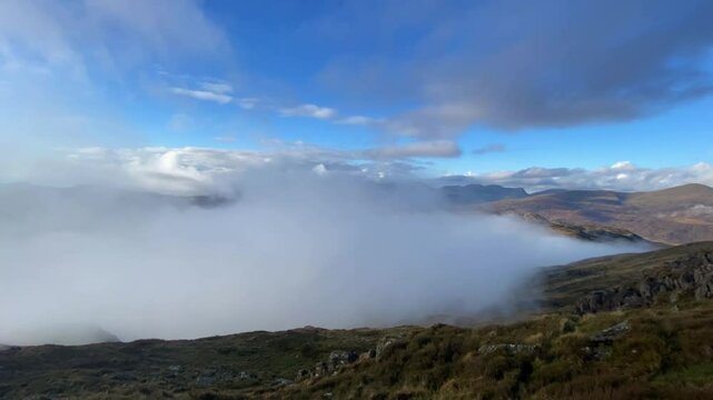 A time-lapse captures clouds rolling into the valley in Croesor, Penrhyndeudraeth, within Snowdonia (Eryri) National Park, Wales, UK.