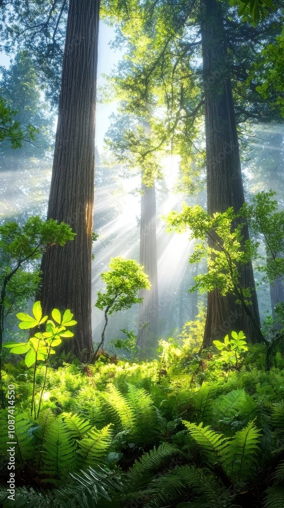 Poster misty redwood forest with sunlight filtering through trees