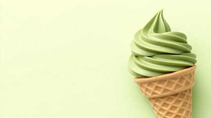 Green tea Matcha soft ice cream in a cone on green background.