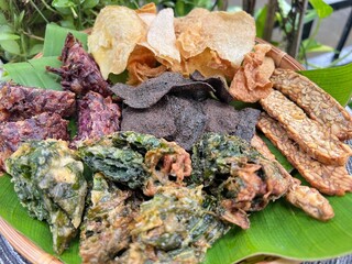 Fried vegetable with baked tempeh and wild yam and black dried pork