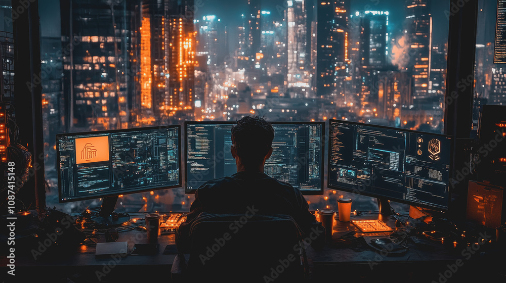 Wall mural a dedicated web developer working late at night surrounded by multiscreen setup with urban skyline i