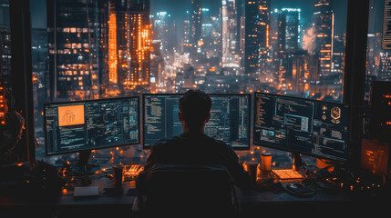 A Dedicated Web Developer Working Late at Night Surrounded by Multiscreen Setup with Urban Skyline in the Background, Capturing the Essence of Tech and Innovation