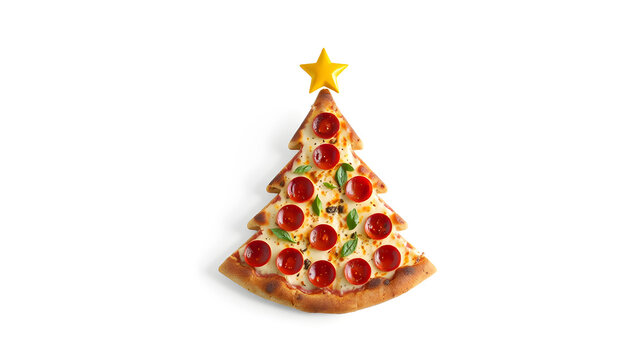 Christmas offers a pizza slice in the shape of a Christmas tree isolated on a white background. Creative concept for pizza and restaurant brand.