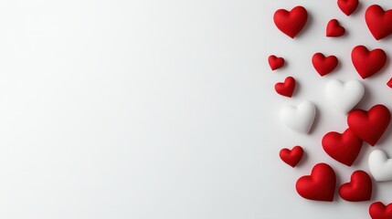 Red and white hearts scattered over a white surface, suggesting romance and purity, ideal for romantic contexts or Valentine's Day celebrations and designs.