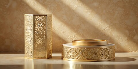 Intricate Golden Candleholders with Ornate Floral Motifs Adorned with Sunbeams on a Soft Beige Background