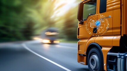 Delivery truck with blockchain enabled tracking panel on the side moving rapidly along a highway symbolizing secure and transparent logistics and transportation technology