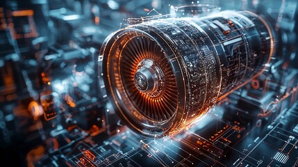 Detailed close up view of a highly engineered aircraft engine with a double exposure silhouette effect overlaying technical schematics and diagrams  This image showcases the intricate
