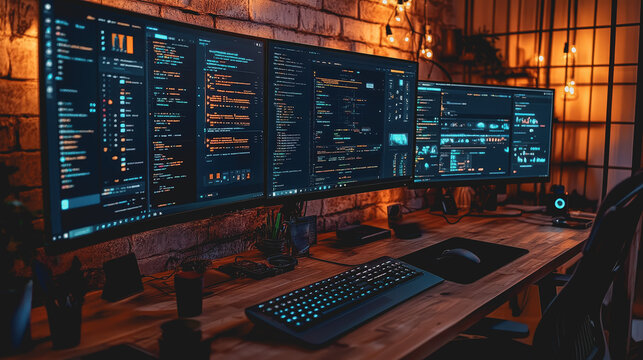 A Modern Workspace Featuring Multiple Monitors Displaying Web Development Projects and Code in a Stylish, Dimly Lit Environment with LED Lighting