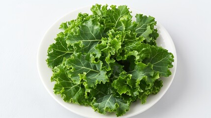 Fresh kale leaves on white plate from above for healthy cooking and salad preparation
