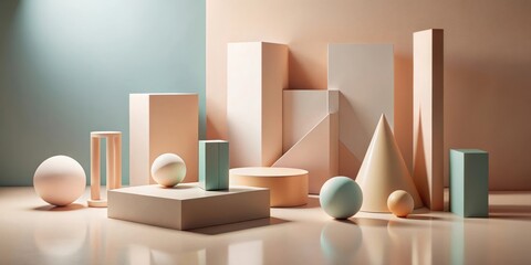 A Minimalist Display of Geometric Shapes with Soft Lighting and a Neutral Color Palette