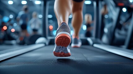 Determined runner powers through a vigorous treadmill workout in a dimly lit gym with neon accents creating a focused and intense atmosphere