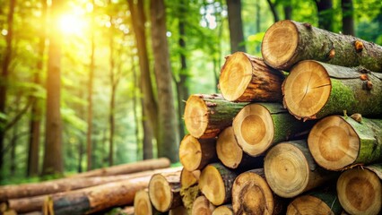 A stack of freshly cut tree trunks lie in the woods, the sunlight shining through the trees, highlighting their natural beauty and texture.