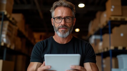 A confident warehouse manager in glasses holds a tablet against a backdrop of boxes, epitomizing modern logistics and technology integration in work management.