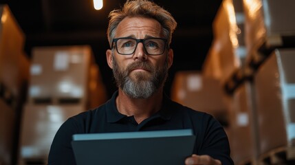 A bearded man, wearing glasses, is holding a tablet while standing in a storage area. He is surrounded by tall stacks of cardboard boxes with dim lighting.