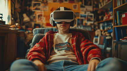 Fototapeta premium Young Developer in VR Headset Exploring the Depths of Virtual Reality Experiences in a Cozy Room Full of Creative Inspirations and Ideas