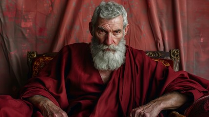 Friendly mythical figure in burgundy robes with silver details in mystical setting for fantasy themes