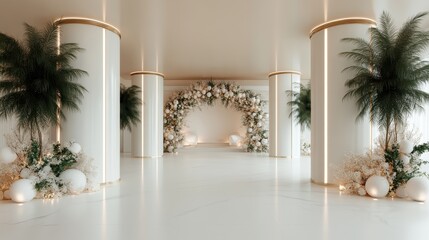 Fototapeta premium A stunning white wedding venue features grand columns and a beautiful floral arch, epitomizing elegance and romance, perfect for an unforgettable ceremony setting.