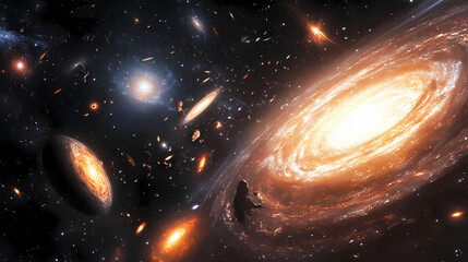 Ethereal cosmic dance of galaxies and supernovae explosions. Vivid Galaxy Vortex. Illustration