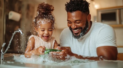 A father and daughter delight in washing dishes together, surrounded by bubbles and laughter, emphasizing familial bonds and everyday joy in a cozy kitchen setting.