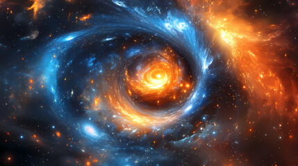 Obraz premium Cosmic vortex with swirling blue and orange lights resembling a galaxy. Vivid Galaxy Vortex. Illustration